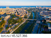 Aerial view of Sant Adria de Besos and Barcelona on Besos river, Spain. Стоковое фото, фотограф Яков Филимонов / Фотобанк Лори