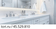 Modern white bathroom vanity with double sink and chrome faucets. Стоковое AI-изображение, AI-художник Юрий Поздников / Фотобанк Лори