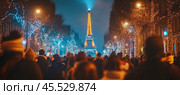 Crowd walking down champs Elysees toward eiffel tower during christmas season. Стоковое AI-изображение, AI-художник Юрий Поздников / Фотобанк Лори