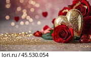 A banner for Valentine's Day. A red heart and roses with festive lights in the form of a side in the background. A mock-up of an invitation card for a Valentine's Day party, a place to copy. Стоковое AI-изображение, AI-художник Photojuli / Фотобанк Лори