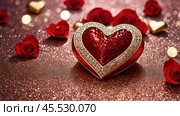 A banner for Valentine's Day. A red heart and roses with festive lights in the form of a side in the background. A mock-up of an invitation card for a Valentine's Day party, a place to copy. Стоковое AI-изображение, AI-художник Photojuli / Фотобанк Лори
