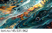 A vibrant abstract image with swirling colors of orange, blue, and red, accented with bubbles. Fluid art style, dynamic and lively. Стоковое AI-изображение, AI-художник Александра Рублева / Фотобанк Лори