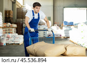 In warehouse of store, stevedore loader young man pushes and carries large cart for bulky cargo. Стоковое фото, фотограф Яков Филимонов / Фотобанк Лори