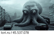 Giant octopus invades city street, creating a surreal and eerie atmosphere, AI. Стоковое AI-изображение, AI-художник Сергей Старуш / Фотобанк Лори