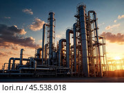 Petroleum industrial factory with pipeline and pipe rack at sunset sky background. Scenery of chemical gas and oil plant, poster. Industrialization and industry technology concept. Copy ad text space. Стоковое AI-изображение, AI-художник Aleksandr Golubev / Фотобанк Лори