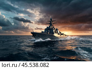 Modern military rocket cruiser warship sailing in open stormy sea at sunset cloudy sky, naval military control of sea. Protection of water state borders. Naval forces army concept. Copy ad text space. Стоковое AI-изображение, AI-художник Aleksandr Golubev / Фотобанк Лори