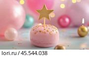 Delicious pink dessert with golden star and festive decorations celebrating a joyful occasion. Стоковое AI-изображение, AI-художник Юлия Гапеенко / Фотобанк Лори