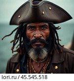 A seasoned pirate captain with long dreadlocks and a striking beard stares intently into the distance. Piracy is an activity committed by pirates, robbing ships on the seas, oceans. Generative AI. Стоковое AI-изображение, AI-художник Юлия Петровская / Фотобанк Лори