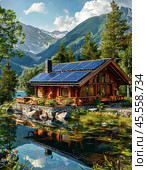 Solar monocrystalline battery on the roof of a private house in the countryside. Use of solar energy. Стоковое AI-изображение, AI-художник Сергей Елизарьев / Фотобанк Лори
