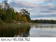 Lake Ladoga near the village Lumivaara on a sunny autumn day, Ladoga skerries, Lakhdenpokhya, Republic of Karelia, Russia. Стоковое фото, фотограф Ula Ulachka / Фотобанк Лори