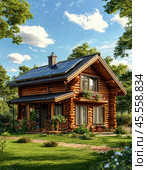 Solar battery on the roof of a private house in the countryside. Use of solar energy. Стоковое AI-изображение, AI-художник Сергей Елизарьев / Фотобанк Лори