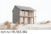 A minimalist wooden house in a modern style, located among the sand dunes. The structure of the house is made of natural wood, with elements of vertical slats and glass panels, creating a feeling of open space and connection with nature. The landscape around the house is deserted, with sparse vegetation, which adds an atmosphere of privacy and simplicity to the photo. The white sand of the dunes harmonizes with the warm shade of the wood, creating a calm and balanced image. This is a perfect example of eco-friendly architecture integrated into the natural landscape. Стоковое AI-изображение, AI-художник Анна Кривицкая / Фотобанк Лори