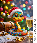 Cute snake, symbol of 2025 according to the eastern calendar, and a glass of champagne. The snake symbolizes wisdom, vitality, immortality and healing powers. New Year's card. Стоковое AI-изображение, AI-художник Сергей Елизарьев / Фотобанк Лори