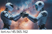 Two robots shaking hands in space, exploring the future of artificial intelligence. Стоковое AI-видео, аниматор Юрий Поздников / Фотобанк Лори