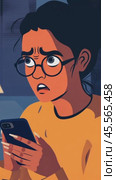 Shocked young woman reading bad news on smartphone at night. Стоковое AI-видео, аниматор Юрий Поздников / Фотобанк Лори