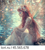 A beautiful fairy is sitting in a pond around a fabulous twinkle of lights. Стоковое AI-изображение, AI-художник Ирина Ручушкина / Фотобанк Лори
