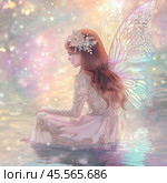 A beautiful fairy is sitting in a pond around a fabulous twinkle of lights. Стоковое AI-изображение, AI-художник Ирина Ручушкина / Фотобанк Лори