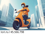 A courier rushes down the street on a motorcycle, delivering orders. Стоковое AI-изображение, AI-художник Ярославский Максим / Фотобанк Лори