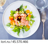 Tasty seafood ceviche from salmon with avocado, green dill and cumquat. Стоковое фото, фотограф Яков Филимонов / Фотобанк Лори