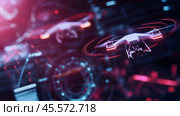 Drones flying amidst futuristic digital interfaces in a high-tech environment. Стоковое AI-изображение, AI-художник Сергей Толмачёв / Фотобанк Лори