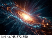 Supernova with exploding stars cosmic shock waves and radiant nebula on night sky, celestial space phenomenon. Perfect background, poster banner. Cosmic science spectacle concept. Copy ad text space. Стоковое AI-изображение, AI-художник Aleksandr Golubev / Фотобанк Лори