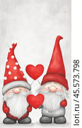 Two whimsical gnomes hold heart-shaped balloons, spreading love and joy, AI. Стоковое AI-изображение, AI-художник Сергей Старуш / Фотобанк Лори