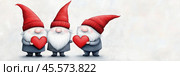 Three whimsical gnomes with red hats hold heart shapes, symbolizing love and friendship, AI. Стоковое AI-изображение, AI-художник Сергей Старуш / Фотобанк Лори