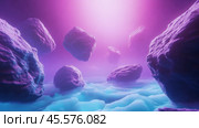 Floating rocks in a surreal, vibrant pink and purple sky create a dreamlike atmosphere, AI. Стоковое AI-изображение, AI-художник Сергей Старуш / Фотобанк Лори