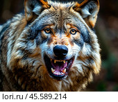 The wolf, or gray wolf, or common wolf (Latin: Canis lupus), is a species of predatory mammal from the canine family (Canidae). Wolf grin. Стоковое AI-изображение, AI-художник Сергей Елизарьев / Фотобанк Лори