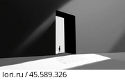 A lone figure stands in a vast, shadowy room, dwarfed by a towering open door, AI. Стоковое AI-изображение, AI-художник Сергей Старуш / Фотобанк Лори