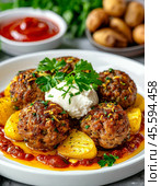 Meatballs baked with potatoes, mushrooms and sour cream (in the oven). Enjoy your meal! Стоковое AI-изображение, AI-художник Сергей Елизарьев / Фотобанк Лори