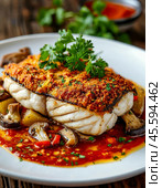 Delicious baked fish - hake with champignons, onions, tomatoes and cheese. Enjoy your meal! Стоковое AI-изображение, AI-художник Сергей Елизарьев / Фотобанк Лори