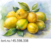 A collection of plump, ripe lemons nestles together, showcasing their bright yellow hue and glossy skin, complemented by dark green leaves. The soft background highlights their freshness. Стоковое AI-изображение, AI-художник Ольга Игнашина / Фотобанк Лори