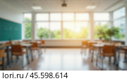Classroom interior with blurred background showing desks chairs whiteboard bookshelves educational setting empty quiet, learning environment school room no students. Стоковое AI-изображение, AI-художник Павел Муравьев / Фотобанк Лори