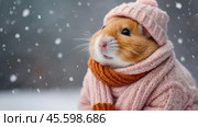 A funny hamster with big cheeks, dressed in cozy soft pink warm clothes, a hat and a scarf in a winter theme. Seasonal wallpaper. Стоковое AI-изображение, AI-художник Photojuli / Фотобанк Лори