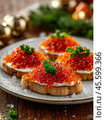 Sandwiches with red caviar. A beautiful and original snack for a festive table. Enjoy your meal! Стоковое AI-изображение, AI-художник Сергей Елизарьев / Фотобанк Лори