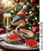 A cute snake, the symbol of 2025 according to the Eastern calendar, red caviar and a glass of champagne. The snake symbolizes wisdom, vitality, immortality and healing powers. Festive atmosphere of the New Year. Стоковое AI-изображение, AI-художник Сергей Елизарьев / Фотобанк Лори