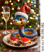 A cute snake, the symbol of 2025 according to the Eastern calendar, red caviar and a glass of champagne. The snake symbolizes wisdom, vitality, immortality and healing powers. Festive atmosphere of the New Year. Стоковое AI-изображение, AI-художник Сергей Елизарьев / Фотобанк Лори