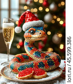 A cute snake, the symbol of 2025 according to the Eastern calendar, red caviar and a glass of champagne. The snake symbolizes wisdom, vitality, immortality and healing powers. Festive atmosphere of the New Year. Стоковое AI-изображение, AI-художник Сергей Елизарьев / Фотобанк Лори