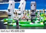 RUSSIA, April 17, 2018. Constructor Lego Star Wars. Squad of stormtroopers and Darth Vader on Easter Island. Редакционное фото, фотограф Андрей Аркуша / Фотобанк Лори
