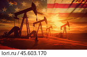 Нефтяные вышки с флагом США. Стоковое AI-изображение, AI-художник Александр Жуков / Фотобанк Лори
