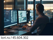 A programmer is deeply focused on coding in a contemporary IT office. Surrounded by multiple monitors, he writes data code while working late on an important software development project. Стоковое AI-изображение, AI-художник Sergey Grishin / Фотобанк Лори