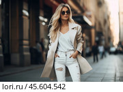 A fashionable woman with long blonde hair wears a trench coat and sunglasses, strolling through a lively city street at dusk, showcasing a trendy outfit. Стоковое AI-изображение, AI-художник Sergey Grishin / Фотобанк Лори