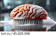 Realistic brain model being cleaned with soap and foam on a brush in a metaphorical concept. Brainwash background. Стоковое AI-изображение, AI-художник Ольга Сухарева / Фотобанк Лори