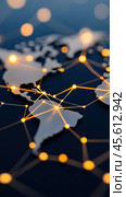 World map with glowing network connections symbolizing global communication, AI. Стоковое AI-изображение, AI-художник Сергей Старуш / Фотобанк Лори