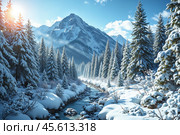 Зимний пейзаж с незамерзающим горным ручьем. Winter landscape with an unfrozen mountain stream. Стоковое AI-изображение, AI-художник Гер Олег / Фотобанк Лори