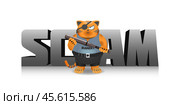 Cartoon fat red serious cat with a baseball bat, in pants with a belt and a T-shirt. 3d word, scam. On a white background. Стоковая иллюстрация, иллюстратор GAlexS / Фотобанк Лори