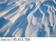 Snow texture. Wind sculpted patterns on snow surface. Wind in the tundra and in the mountains on the surface of the snow sculpts patterns and ridges (sastrugi). Arctic, Polar region. Winter background. Стоковое фото, фотограф Андрей Степанов / Фотобанк Лори