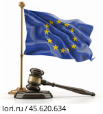 European union flag waving with a judge gavel, enforcing european law. Стоковое AI-изображение, AI-художник Иван Рябоконь / Фотобанк Лори