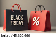 Черный пакет с надписью Black Friday и Красный со знаком процента. Концепция распродажи. Стоковое AI-изображение, AI-художник Илья Старков / Фотобанк Лори